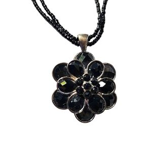 Womens Coquette Soft Girl Black Onyx Flower Pendant Beaded Statement Necklace
